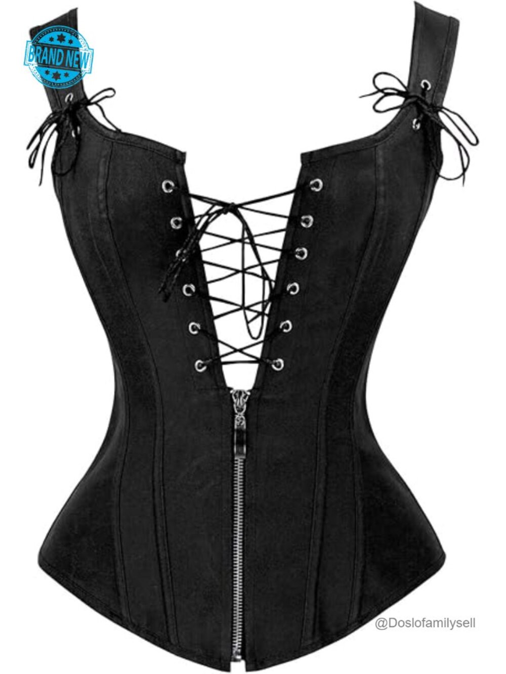 Vintage Overbust Corset with Detachable Garters, Lace-Up Front and Back, Zipper